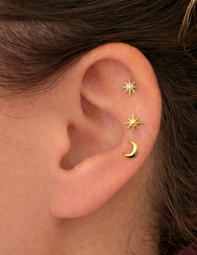 lot de 3 Boucles d'oreilles lune et étoiles Acier Inoxydable