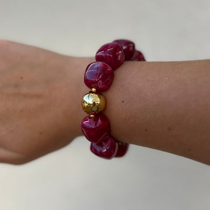 Bracelet Perles Carrées Acrylique Elastique Fuchsia et doré