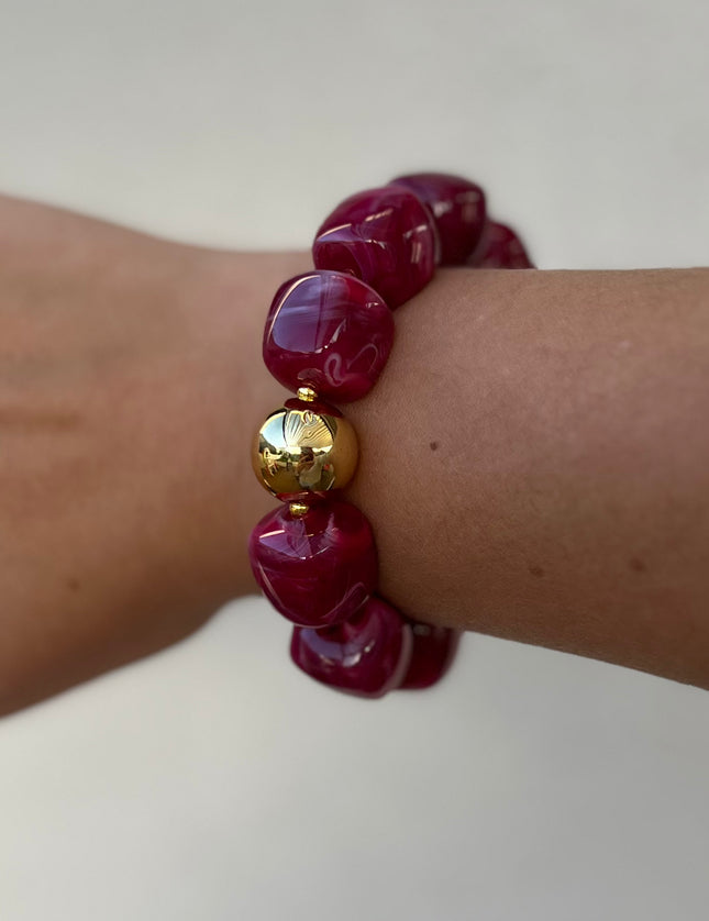 Bracelet Perles Carrées Acrylique Elastique Fuchsia et doré