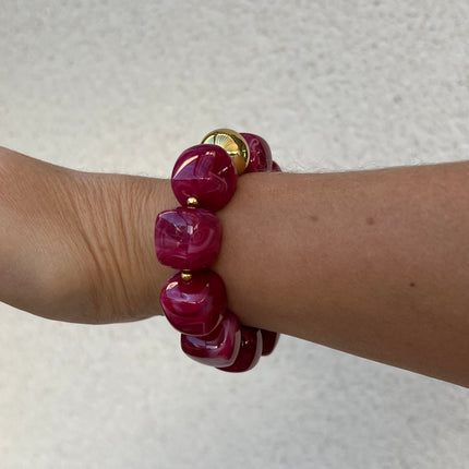 Bracelet Perles Carrées Acrylique Elastique Fuchsia et doré