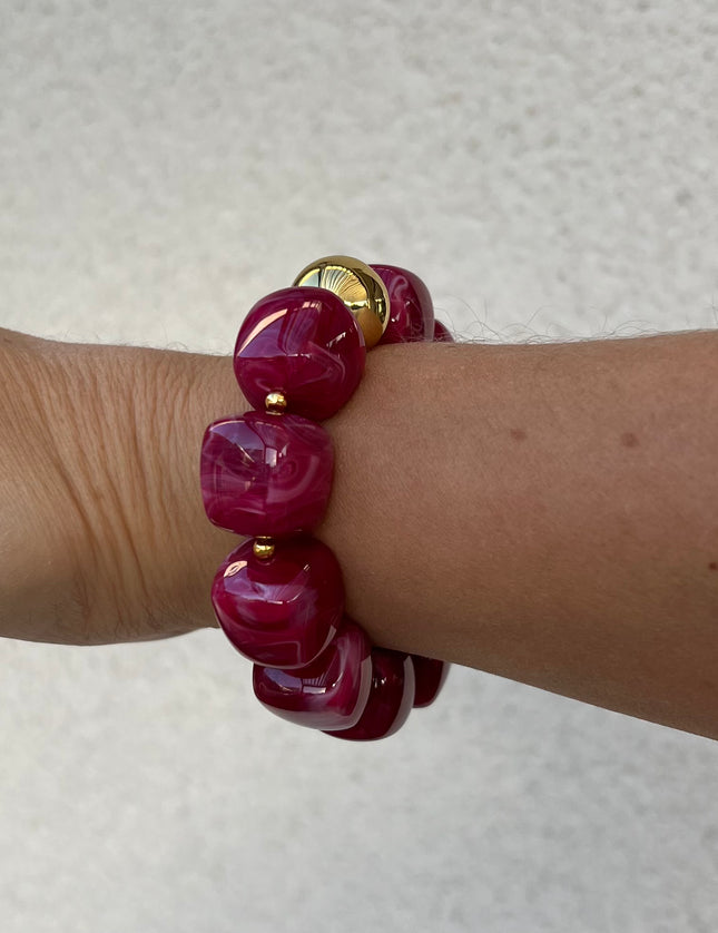 Bracelet Perles Carrées Acrylique Elastique Fuchsia et doré