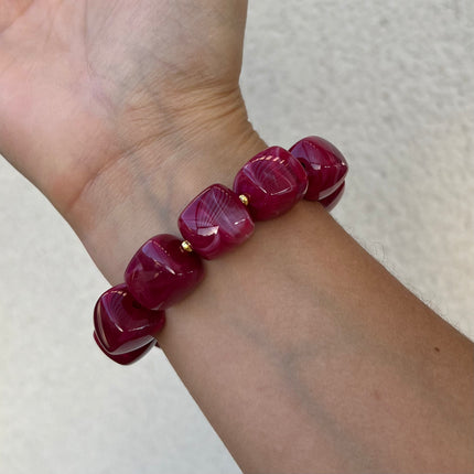 Bracelet Perles Carrées Acrylique Elastique Fuchsia et doré