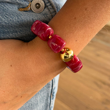 Bracelet Perles Carrées Acrylique Elastique Fuchsia et doré