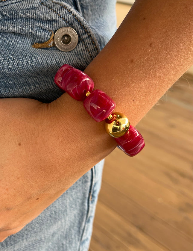 Bracelet Perles Carrées Acrylique Elastique Fuchsia et doré
