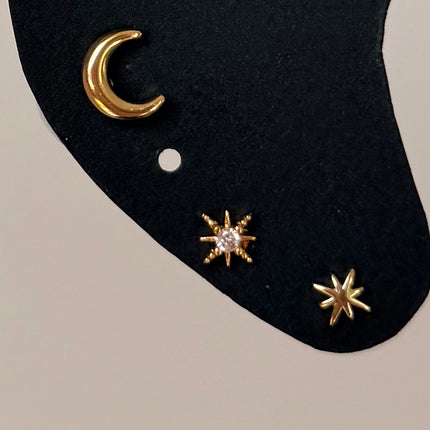 lot de 3 Boucles d'oreilles lune et étoiles Acier Inoxydable