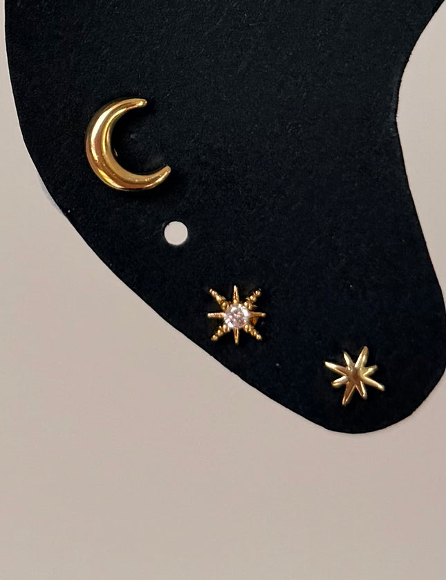 lot de 3 Boucles d'oreilles lune et étoiles Acier Inoxydable