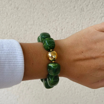 Bracelet Perles Carrées Acrylique Elastique Vert et doré