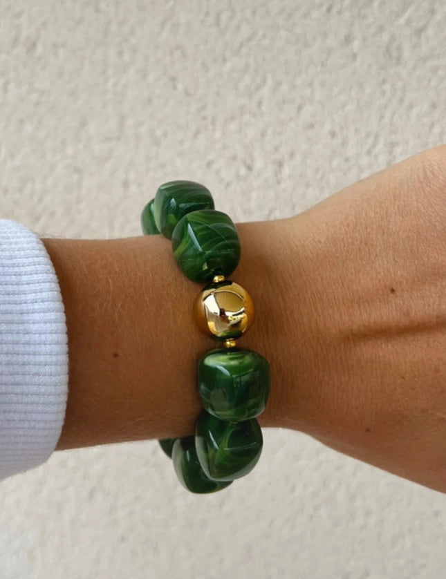 Bracelet Perles Carrées Acrylique Elastique Vert et doré