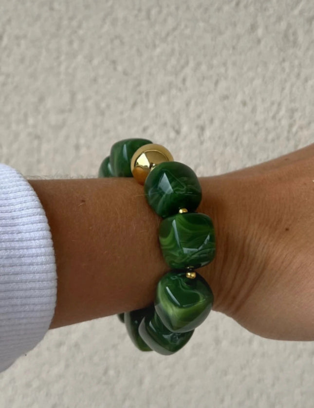 Bracelet Perles Carrées Acrylique Elastique Vert et doré