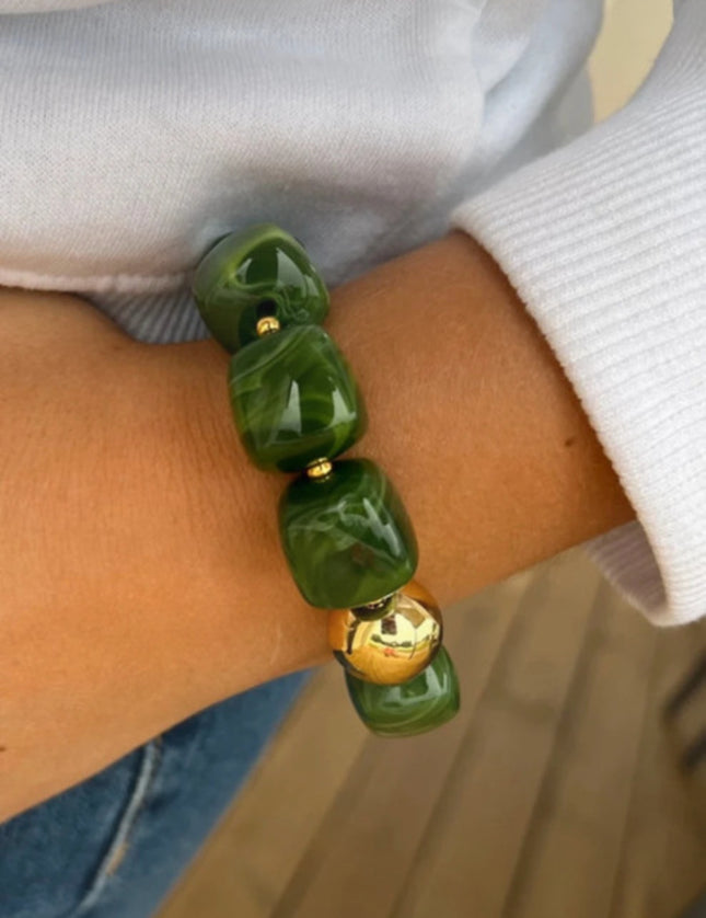 Bracelet Perles Carrées Acrylique Elastique Vert et doré